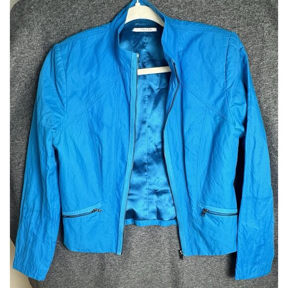 T TAHARI Women’s Teal Blue Cotton Blend Long Sleeve Zip jacket Size Medium - Picture 1 of 11